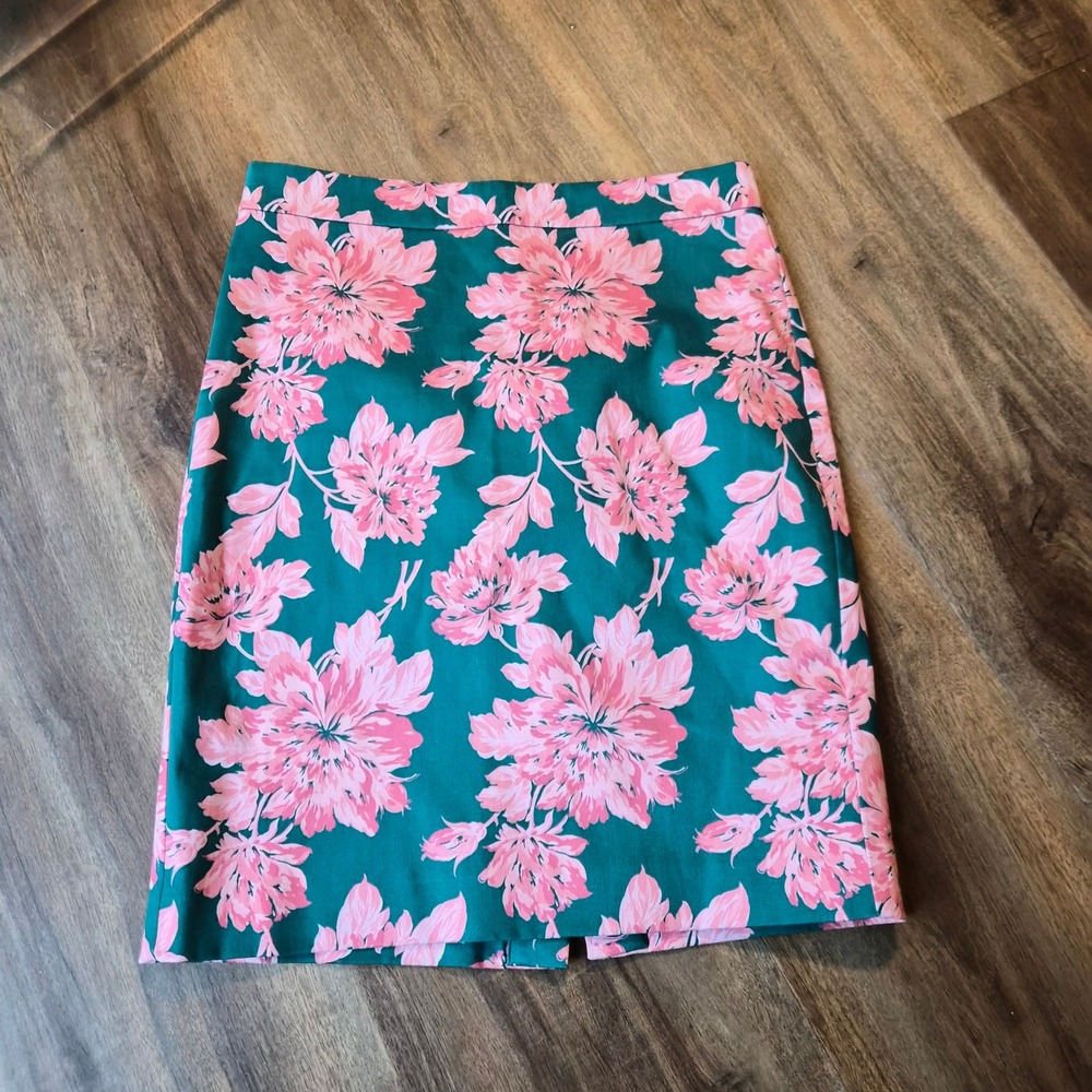 J.Crew Mercantile Teal Pink Floral Pencil Skirt Womens 2 Dahlia Knee Length Bold